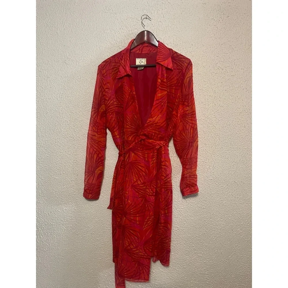 Vintage Y2K ICE Silk Orange Pink Chiffon Fairy core Tropical Wrap Dress Size 16 - Picture 1 of 7